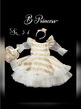 B Princess Gold & White Striped Dress Set with Matching Headband & Purse Sz 5-6